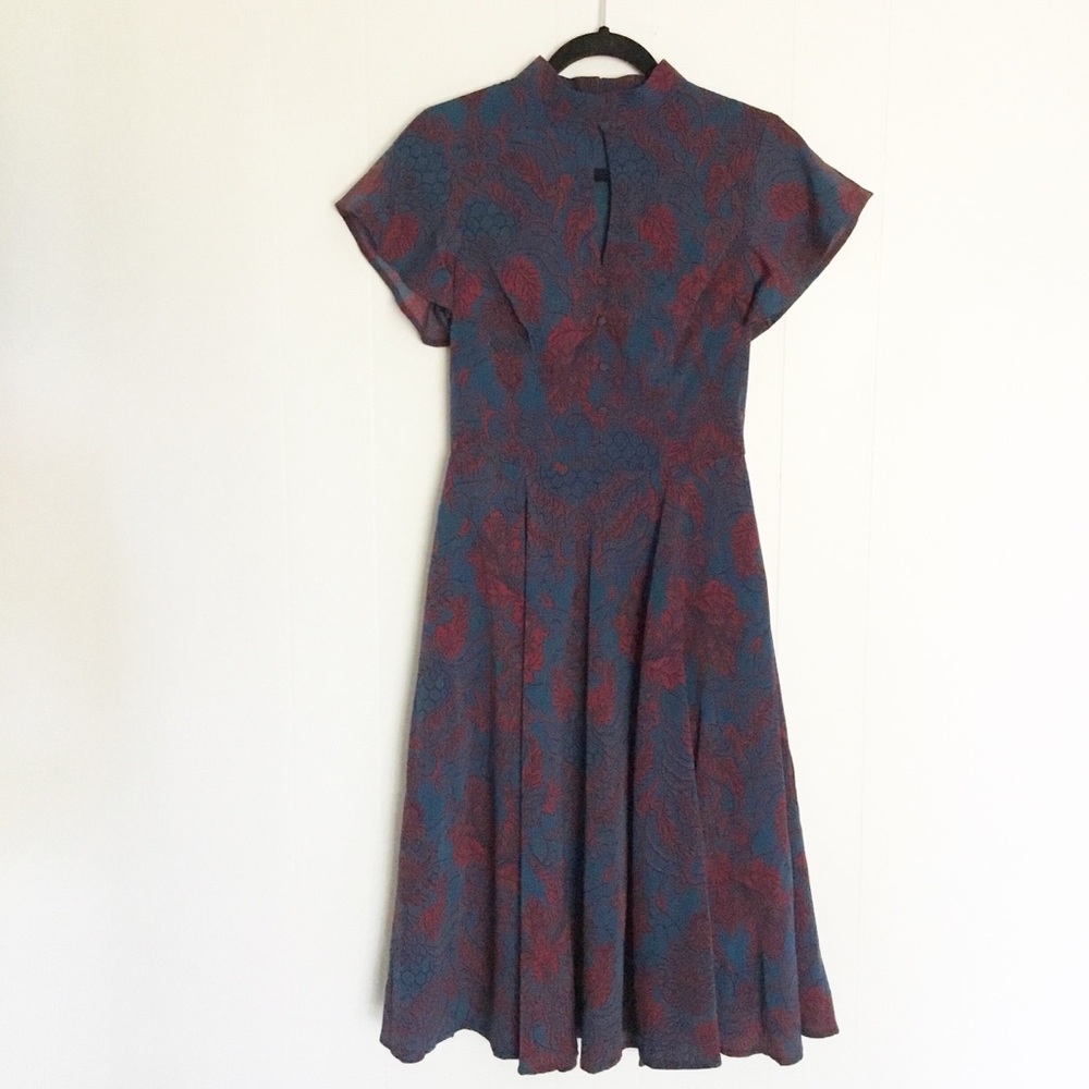 Unique Vintage Teal Red Dress Size 4 S Midi Floral
